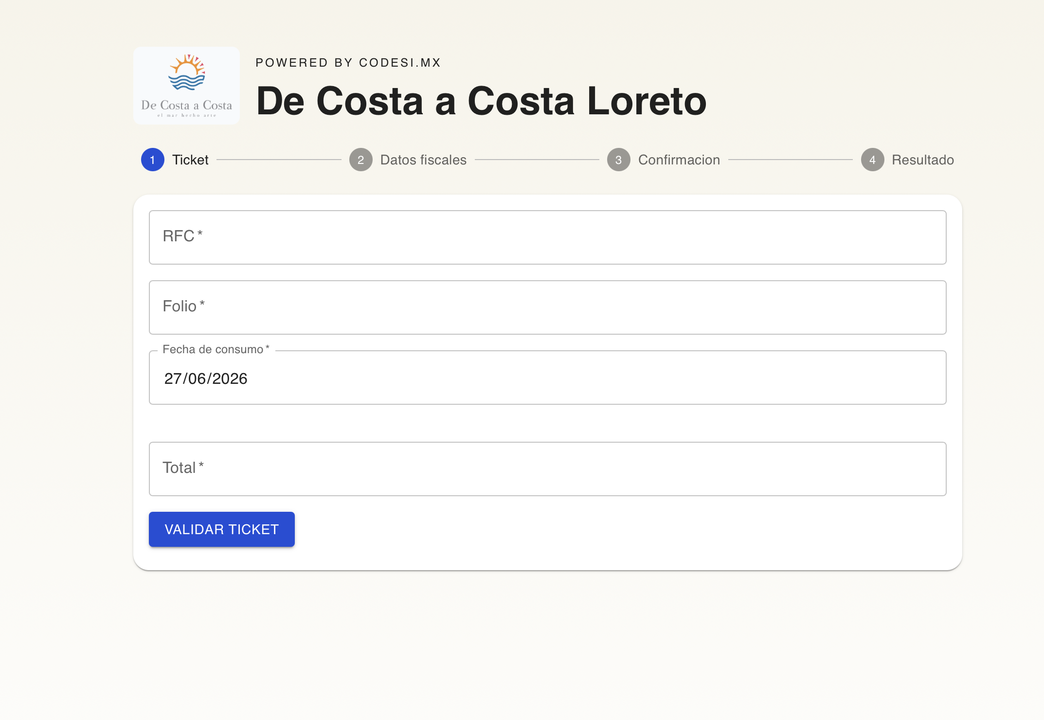 Portal de autofacturación Codesi — pantalla de validación de ticket